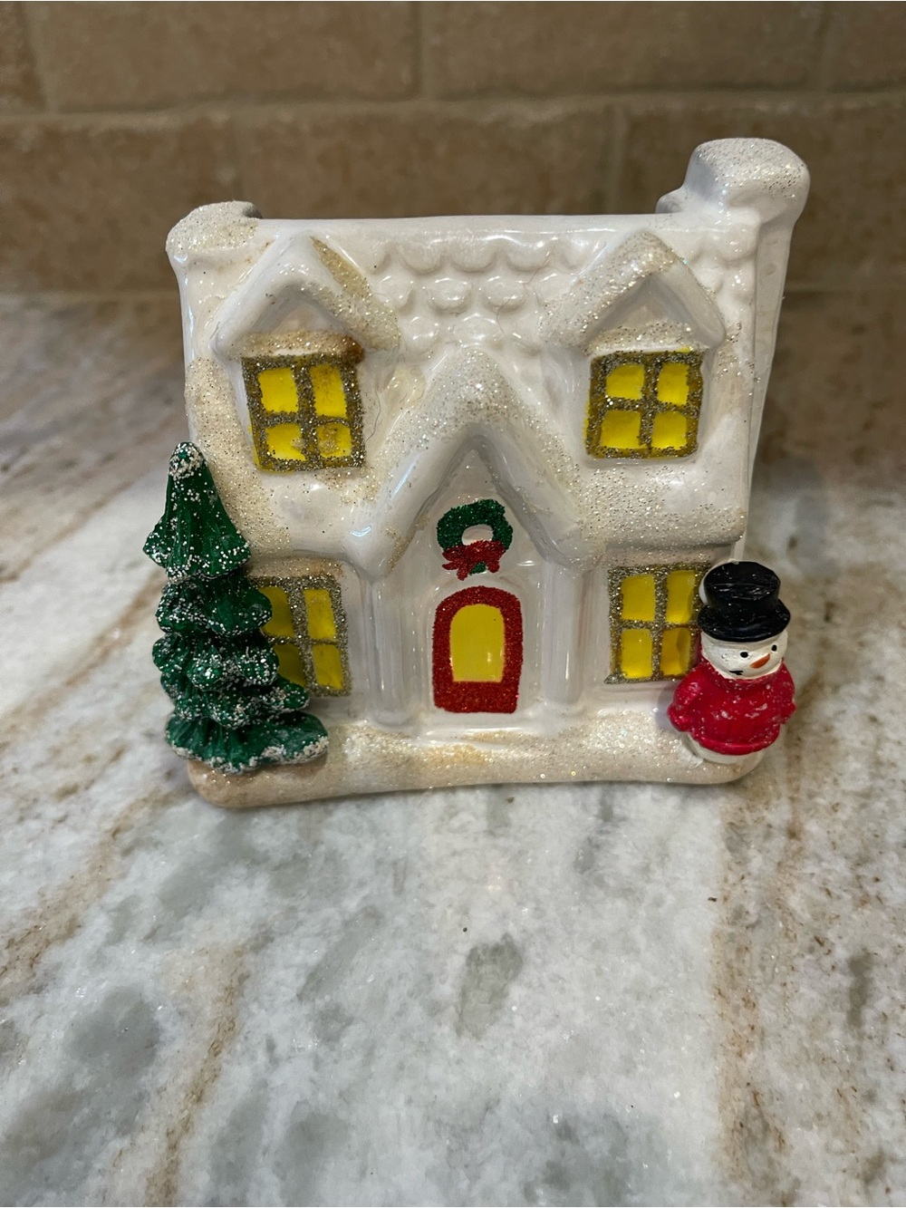 Bath Body Works Holiday Glitter Ceramic House with Snowman - Hand Soap Holder